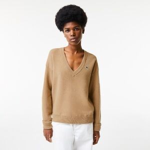 Lacoste Relaxed Fit Wool Moss Stitch V-Neck Sweater in Beige